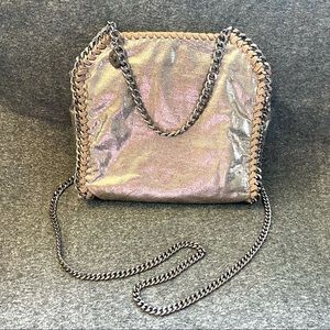 Stella McCartney Shaggy Deer Mini Falabella Fold Over Tote Bag Metallic Gray